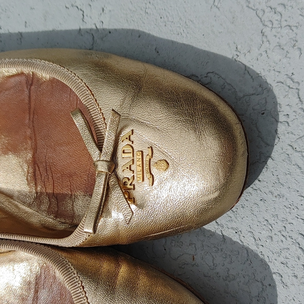 Prada Metallic Gold Leather Ballet Flats with Logo - Picture 3 of 15